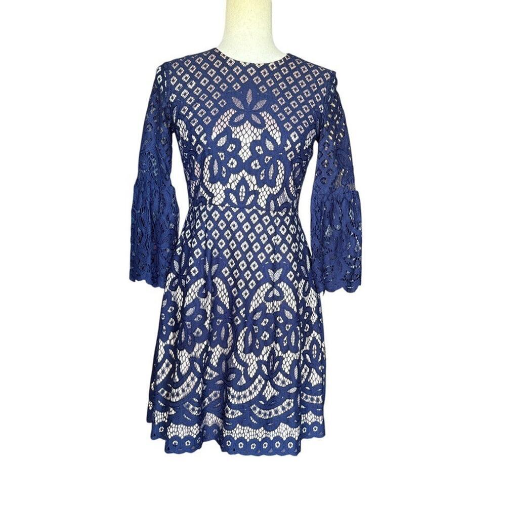 Eliza J Navy Blue Lace Bell Sleeve Fit & Flare Dress Formal Wedding Guest 0P